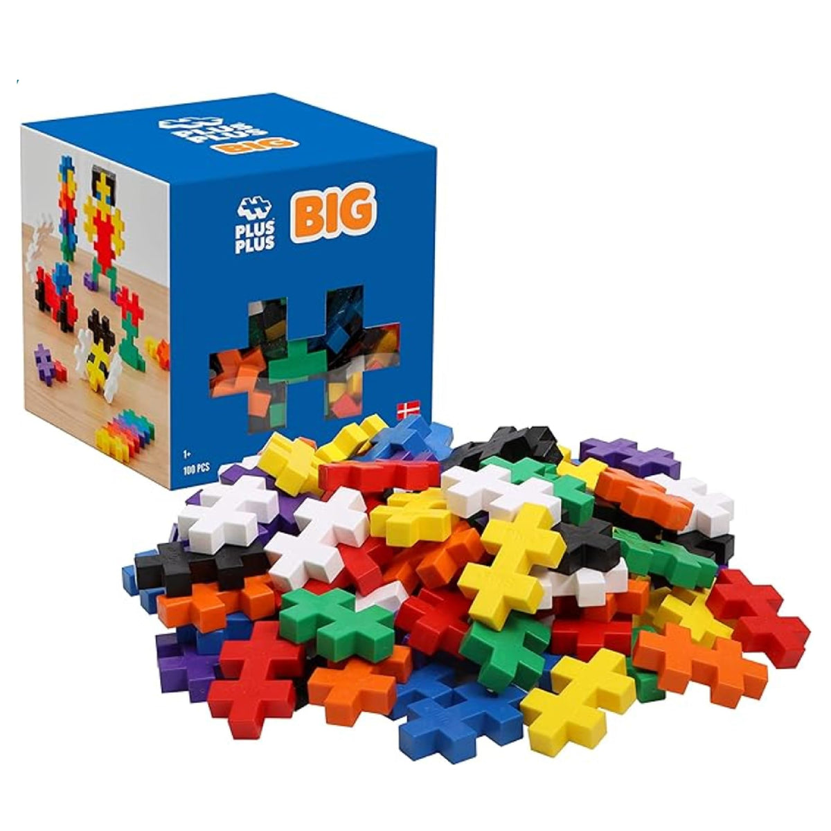 Plus Plus Big 100-piece color mix bricks arranged for a flat mosaic to boost fine motor skills.