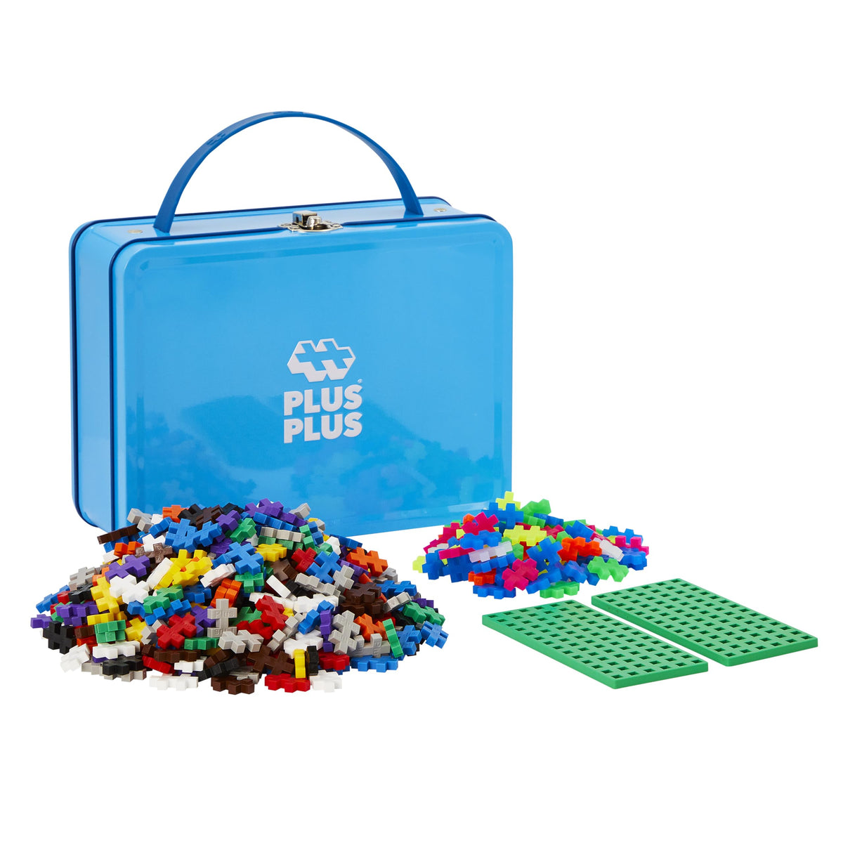 PLUS PLUS metal suitcase with colorful bricks, portable storage for creative play.