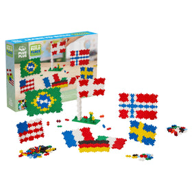 PLUS PLUS Learn to Build Flags of the World box shows colorful packaging for screen-free play