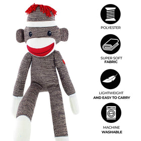 Embroidered face of Plushland Sock Monkey for durable, friendly expression