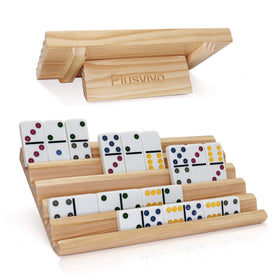 Plusvivo domino racks set 2 in wood, neatly organized for gameplay.