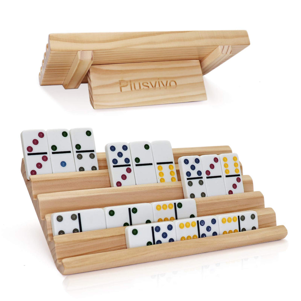 Plusvivo domino racks set 2 in wood, neatly organized for gameplay.