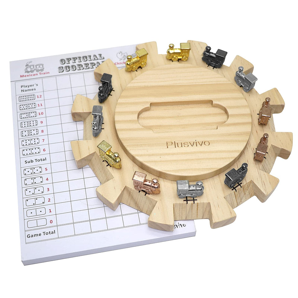 Plusvivo Mexican Train hub in pine wood, durable centerpiece for up to 12 players.