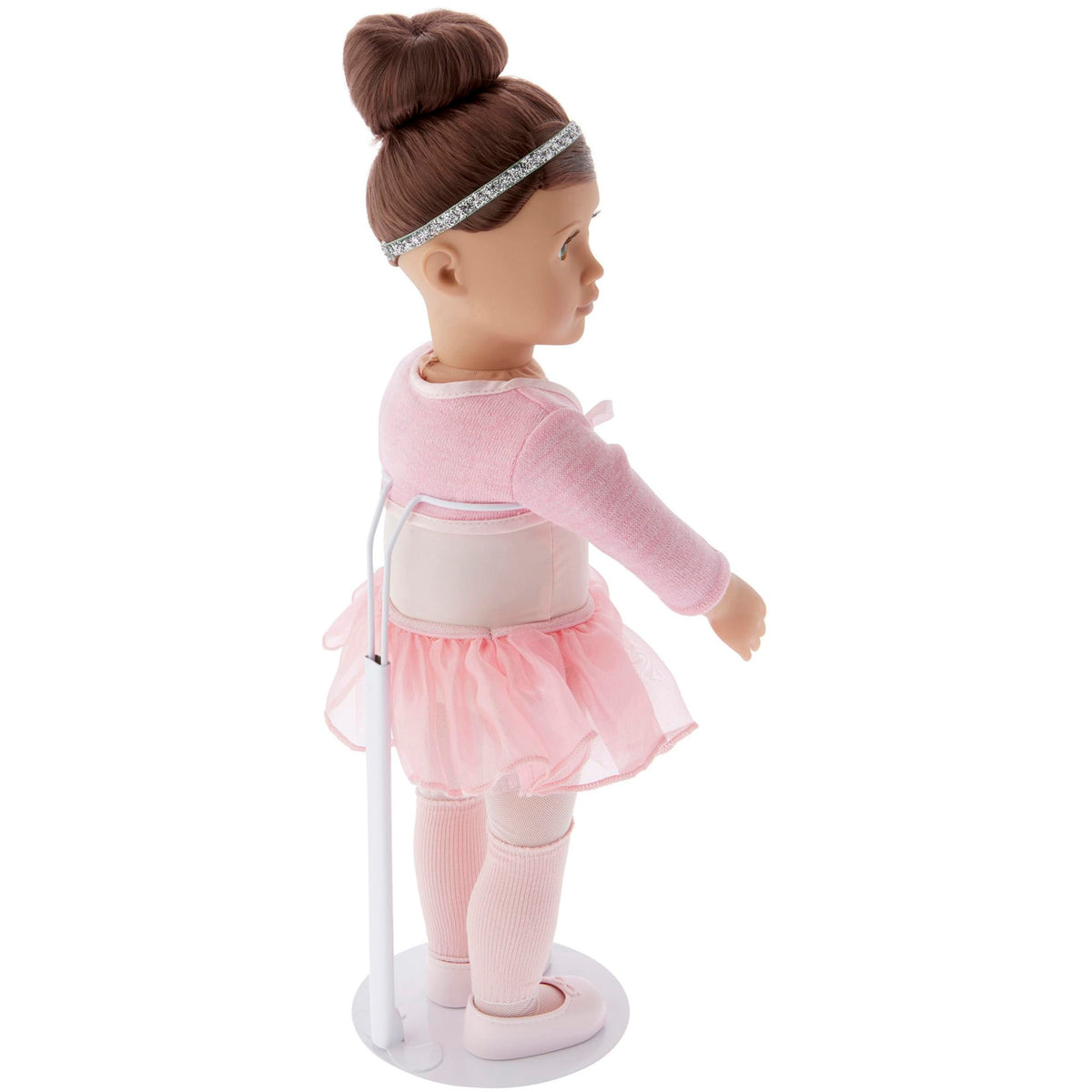 Plymor DSP-90W white doll stand in use with dolls showing secure clasp and waist fit