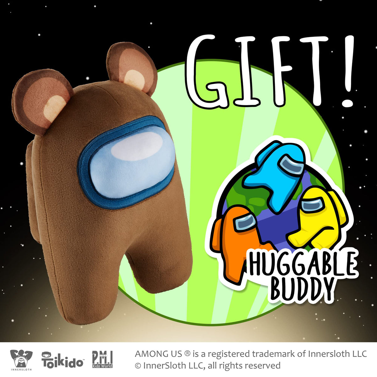 P.M.I. Among Us bear plush with medieval helmet hat, playful game-inspired detail.