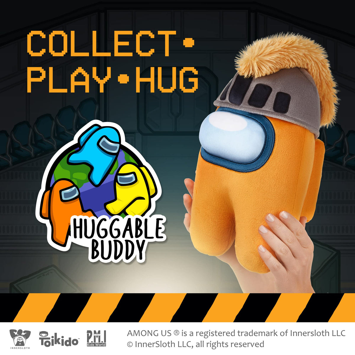 P.M.I. Among Us crewmate plush set, with backpacks and visors for authentic play.