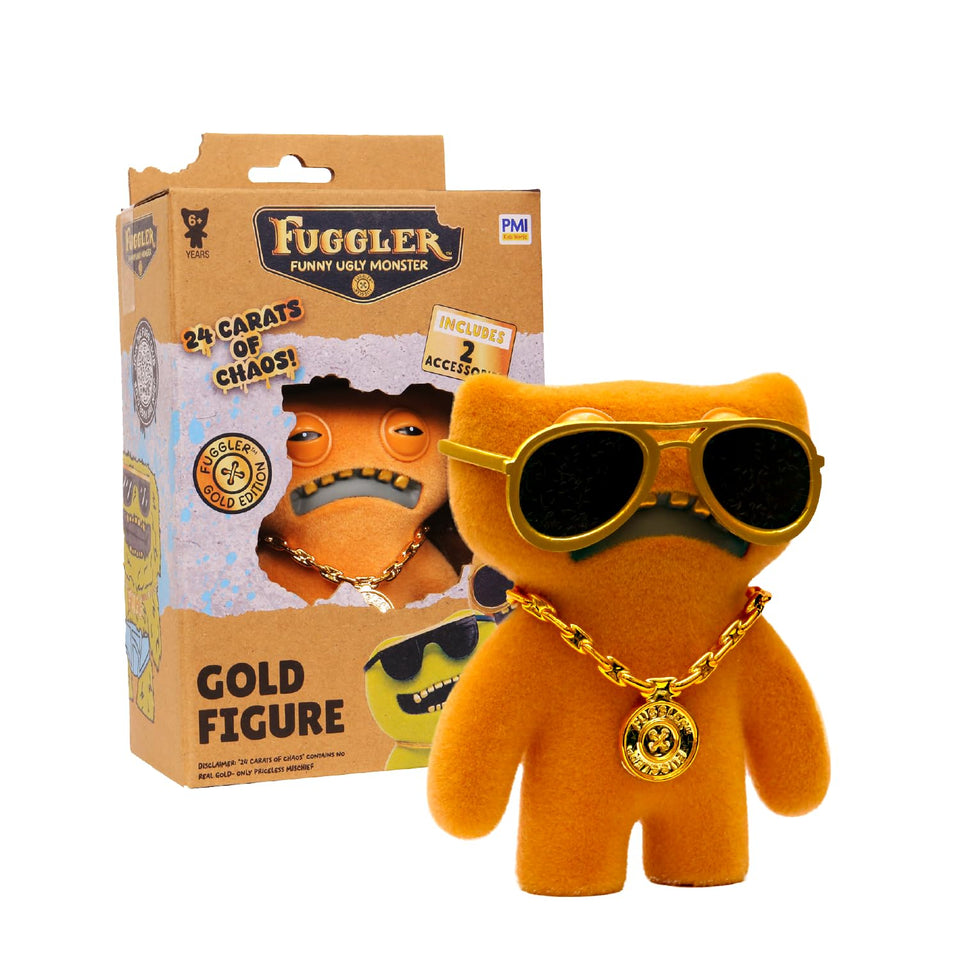 P.M.I. Fuggler Gold Edition figure in display box showcases bold personality on a desk.