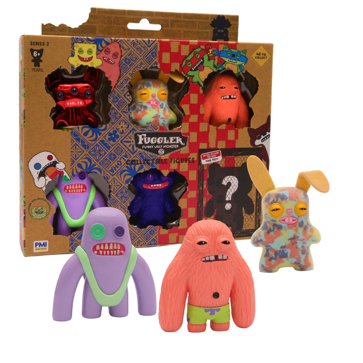 P.M.I. Fuggler Series 2 window box six-pack front view for display and collection.