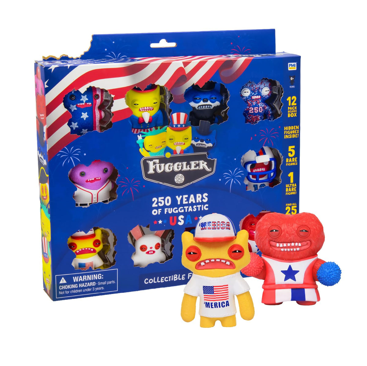 P.M.I. Fuggler USA 250 deluxe box on display with twelve figures for a bold anniversary look.