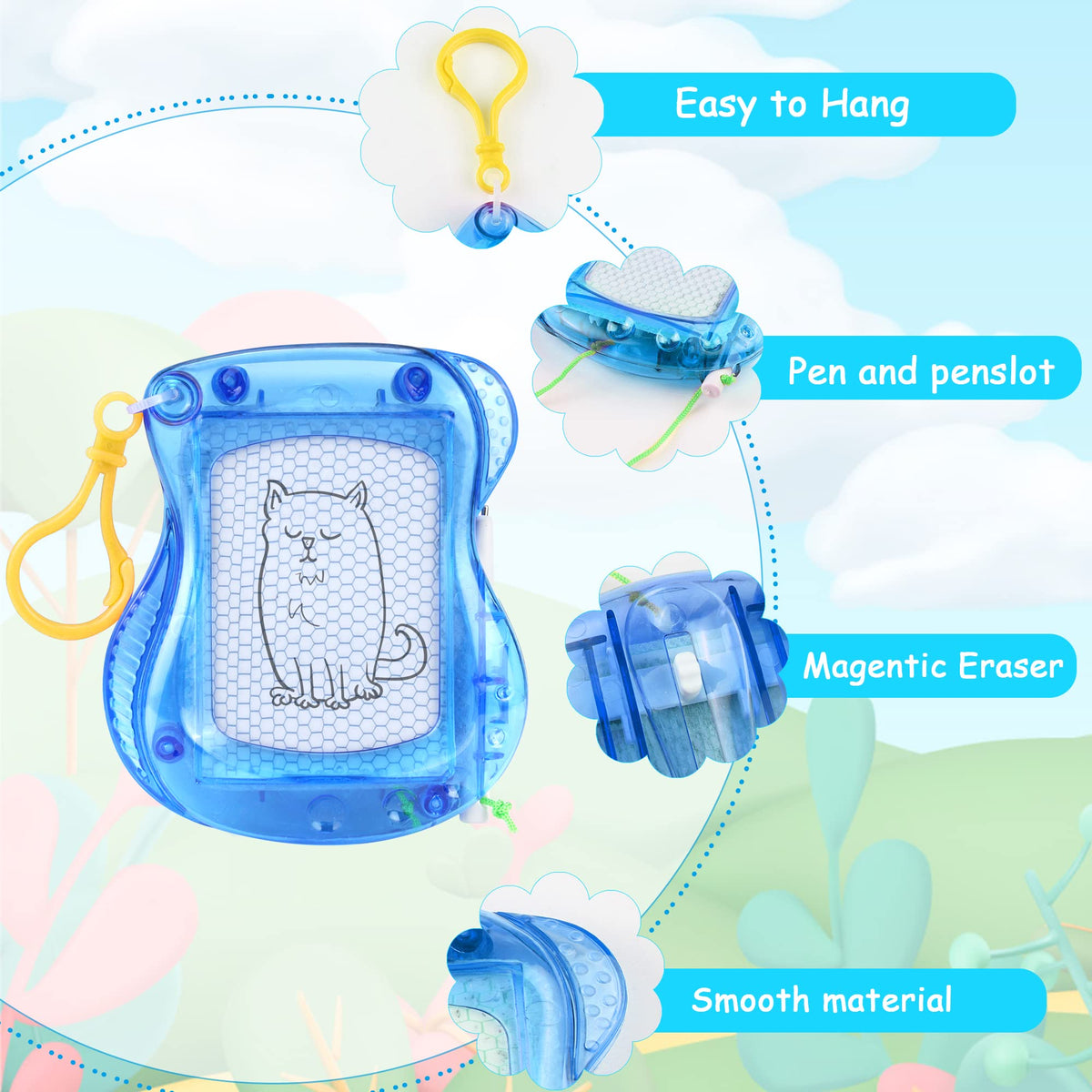 Pnsicei doodle board being used with clip attached for easy access.
