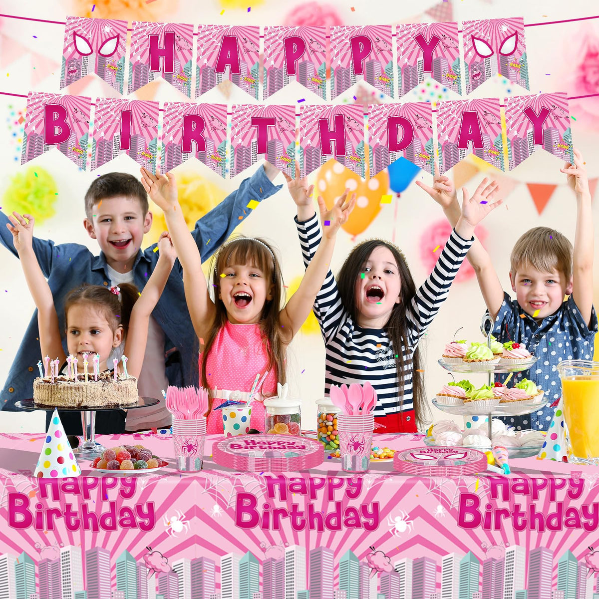 Pnuocax pink spider birthday banner hanging above the table.