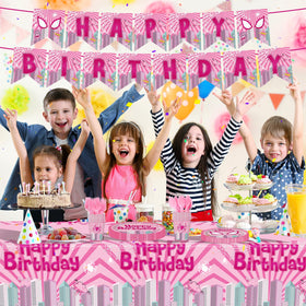 Pnuocax pink spider birthday banner hanging above the table.