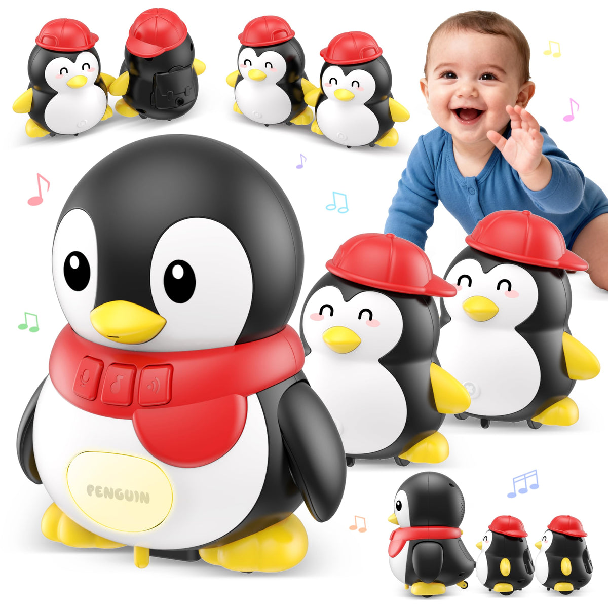 Pobaiyi baby penguin mama walking with music for engaging tummy time.