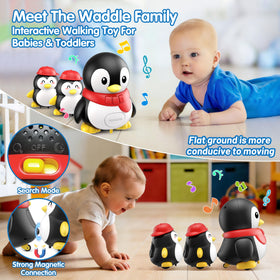 Pobaiyi penguin in sleep mode offers a soft night light and soothing sounds.