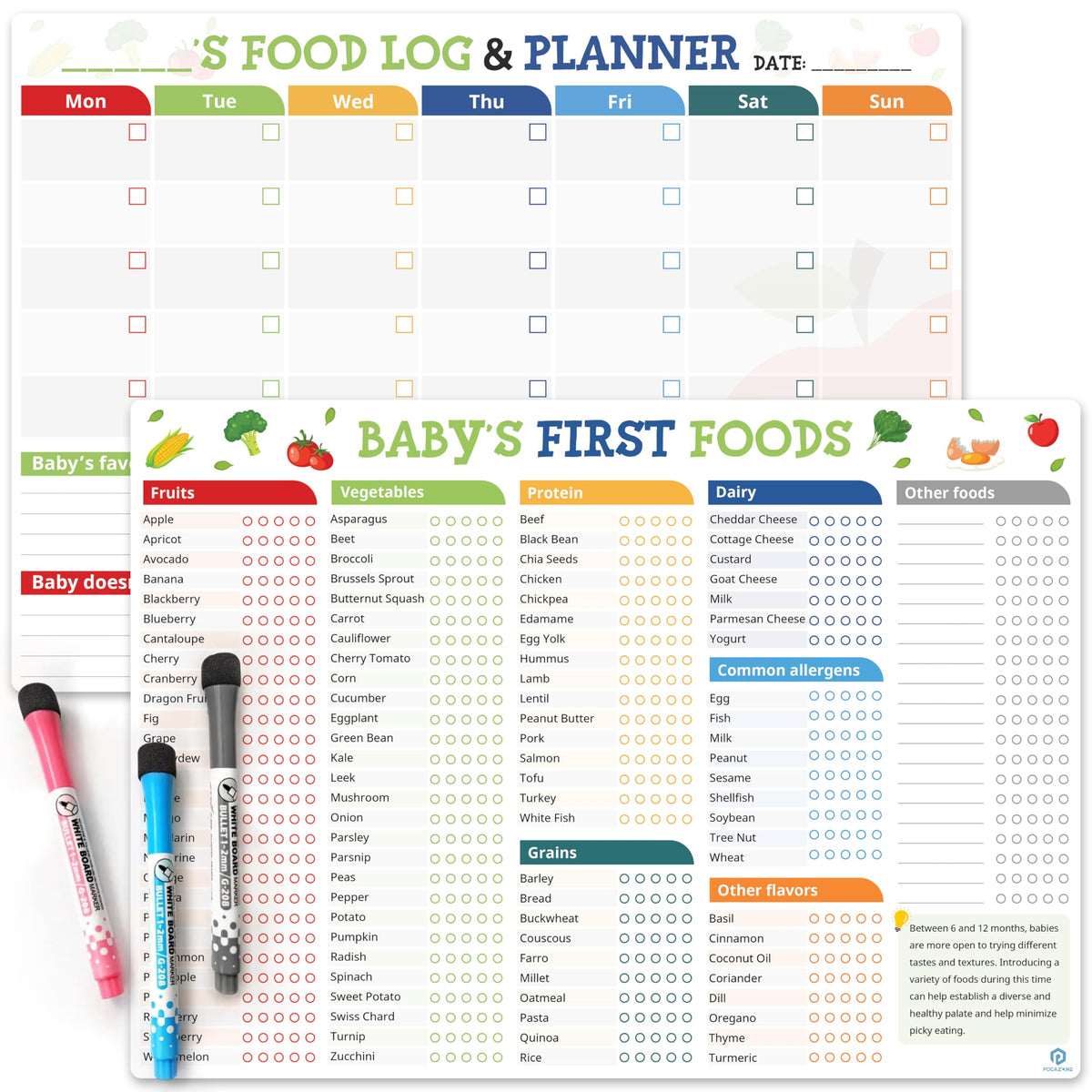 POCAZONE baby first foods tracker magnets on fridge for easy daily logging