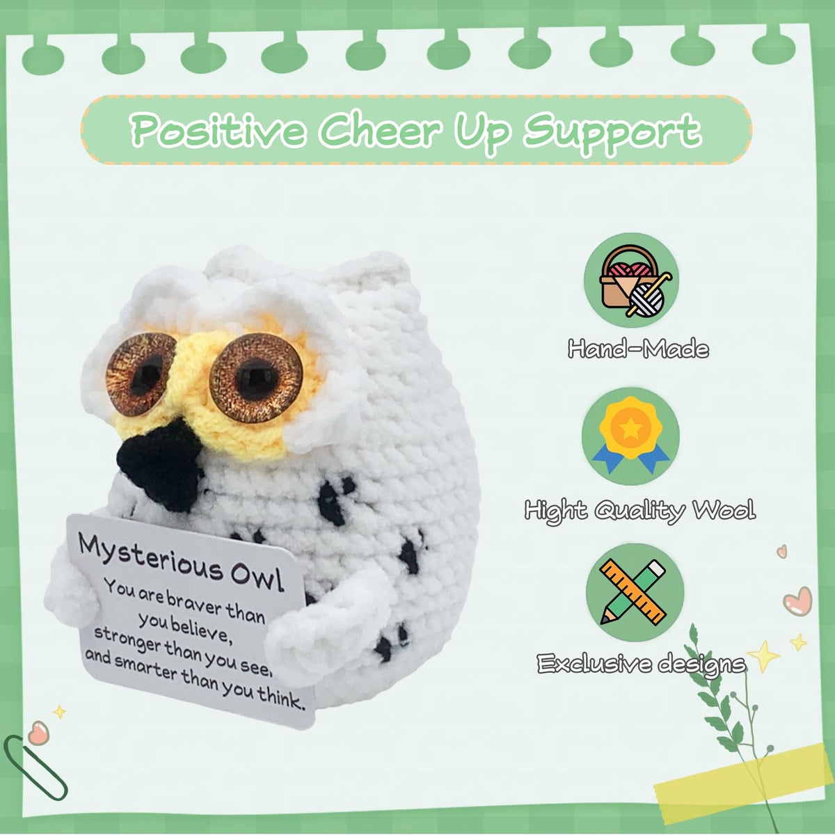 PoccroToys crochet white owl mini, unique decor with positive vibe.