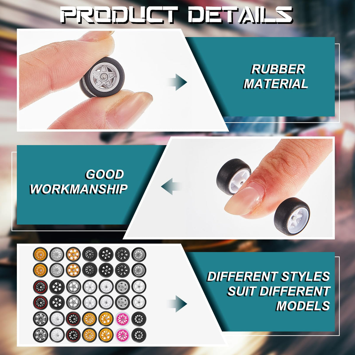 Poen 1/64 wheel with six-claw design enhances realism in scale model cars.