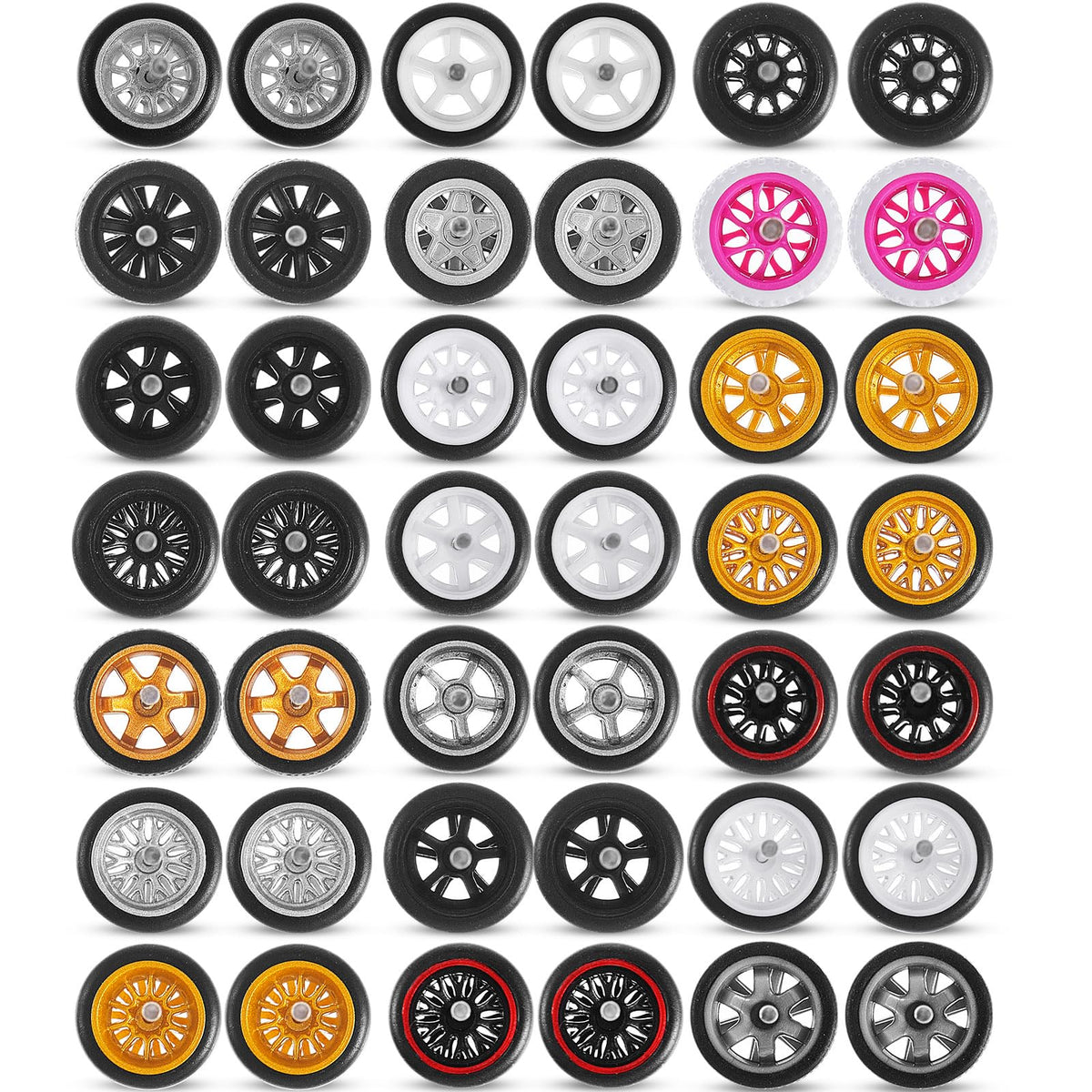 Poen 21 sets of 1/64 scale wheels laid out for versatile customization of model cars.