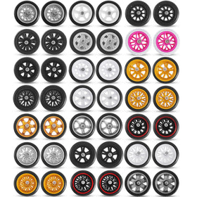 Poen 21 sets of 1/64 scale wheels laid out for versatile customization of model cars.