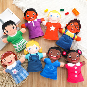 Poen four boys and four girls puppets offer varied characters for scenes.