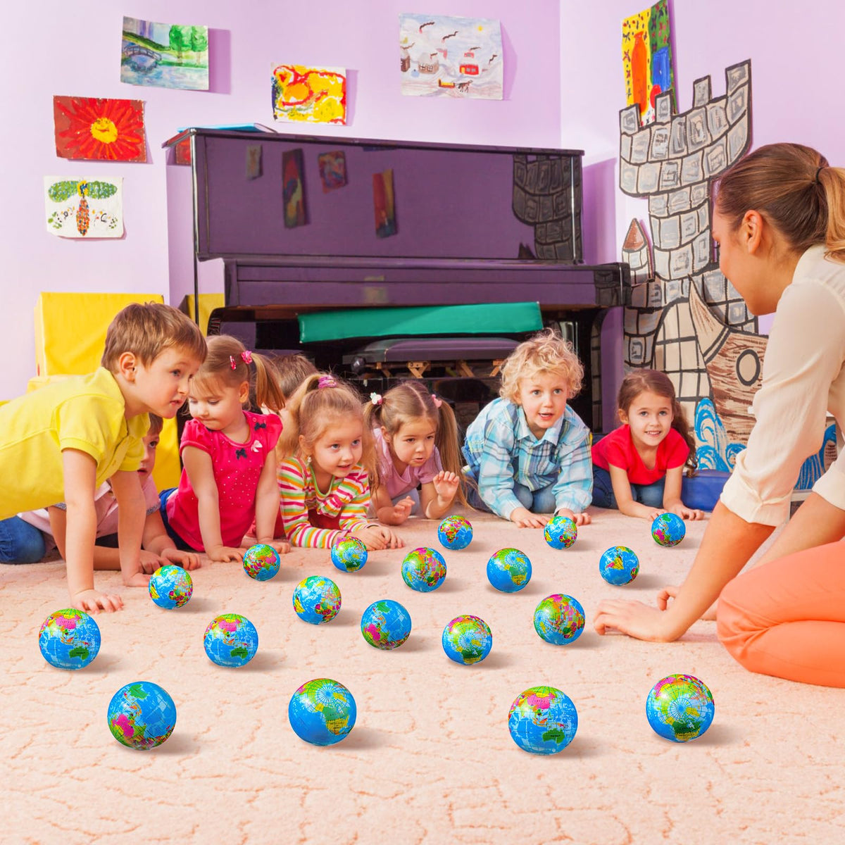 Poen classroom scene featuring earth balls for learning and activity.