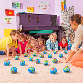 Poen classroom scene featuring earth balls for learning and activity.