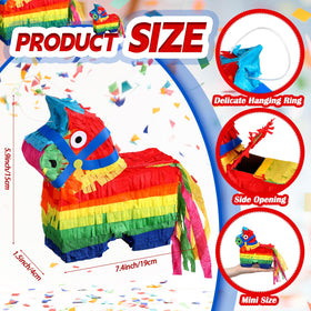 Poen donkey pinata with rainbow design and back opening ideal for snacks and prizes.