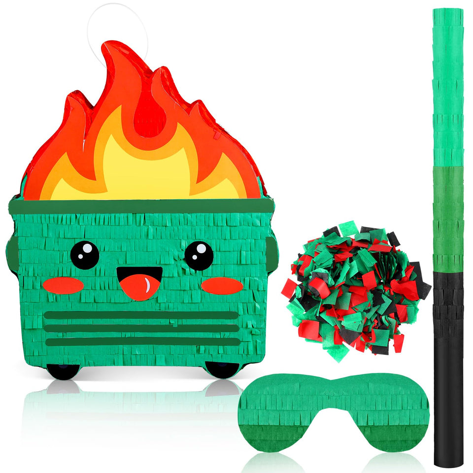 Poen dumpster fire pinata full setup for a playful party centerpiece and ready game.