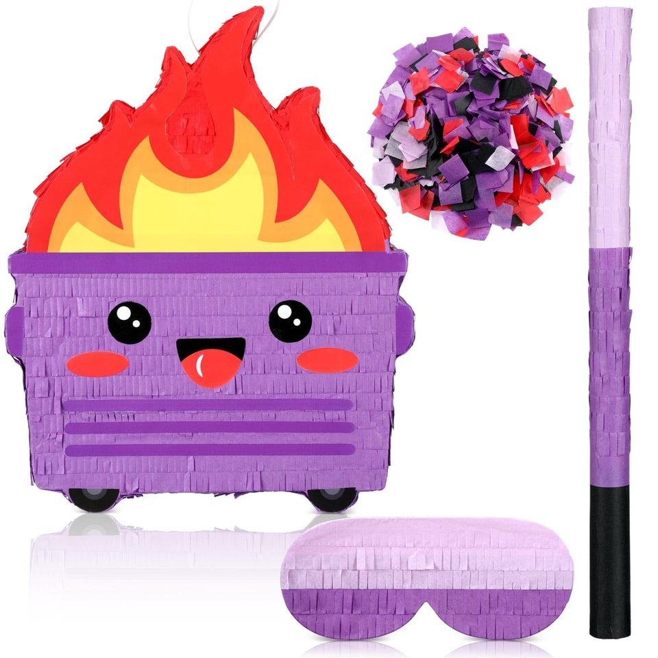 Poen Dumpster on Fire pinata ready to hang as playful birthday decor.