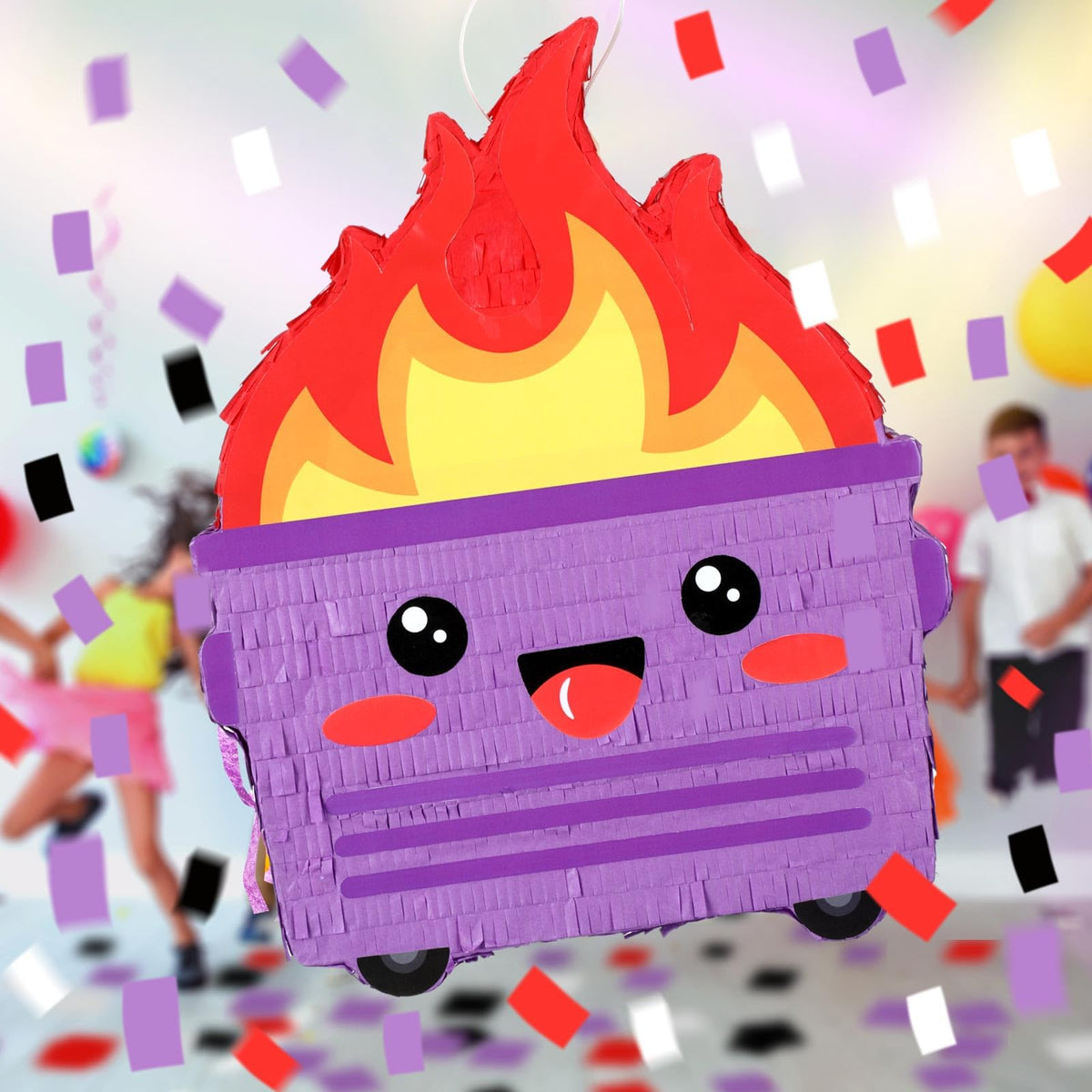 Poen Dumpster on Fire pinata close-up shows durable paper craft.