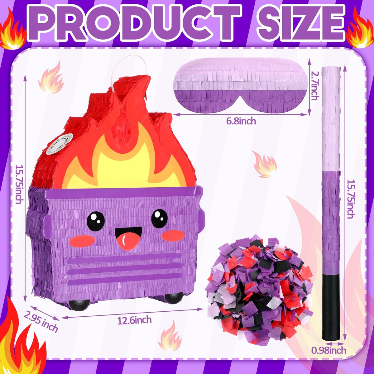 Poen Dumpster on Fire pinata purple setup hung for party ambience.