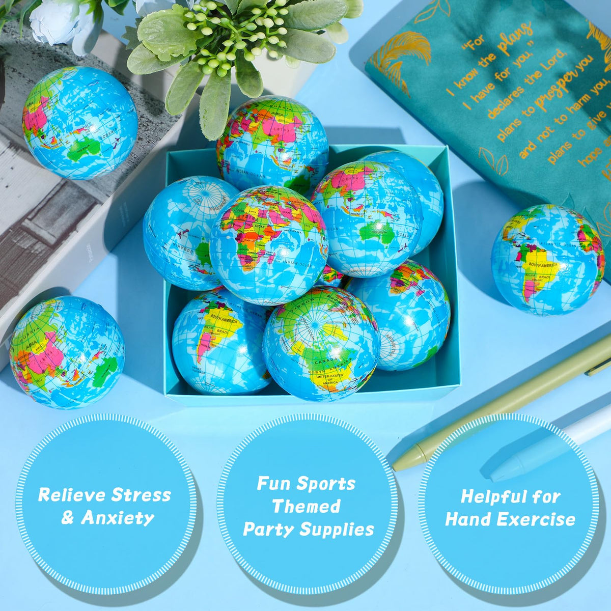 Poen globe stress ball full view supports geography learning and focus.