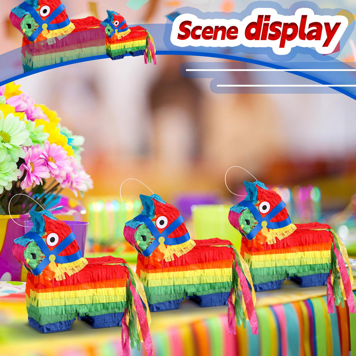 Poen fiesta pinata donkey rainbow decor enhances celebration ambiance and decorations.