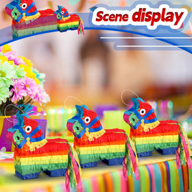 Poen fiesta pinata donkey rainbow decor enhances celebration ambiance and decorations.
