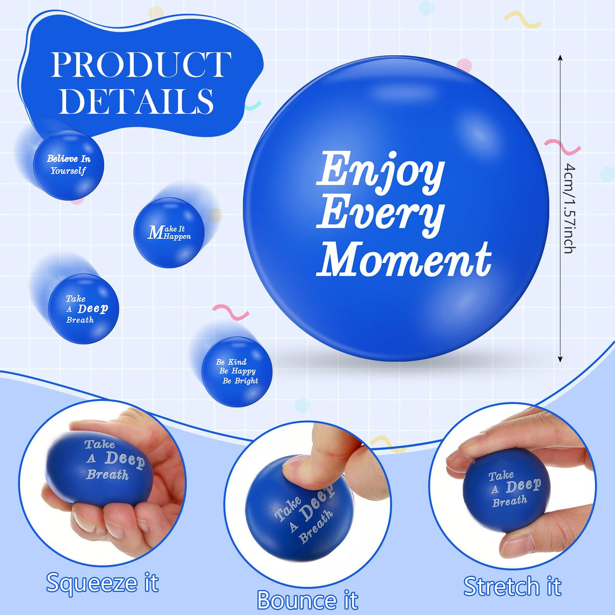 Poen blue foam stress balls measure 1.57 inches for handheld relief.