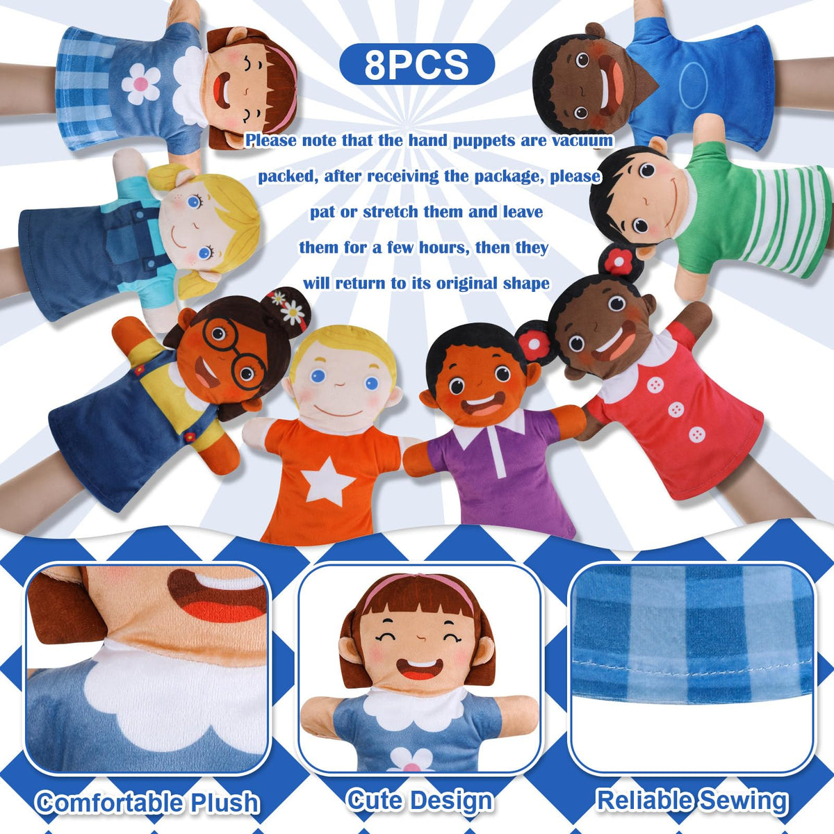 Poen hand puppets have a soft plush texture that is comfortable for little hands.