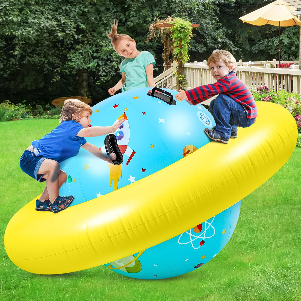 Poen inflatable dome rocker bouncer with astronaut design supports active outdoor play