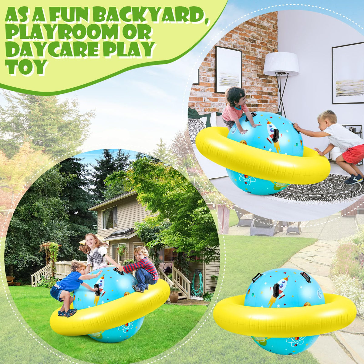 Poen inflatable dome rocker bouncer set up in a backyard play area for group fun