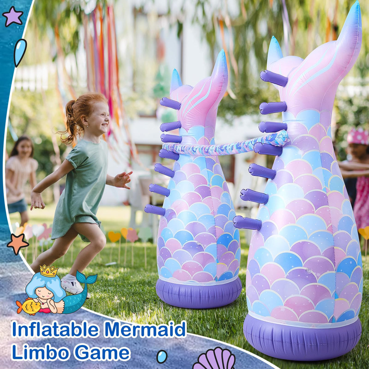 Poen Mermaid Limbo inflatable mermaid with easy valve for quick setup
