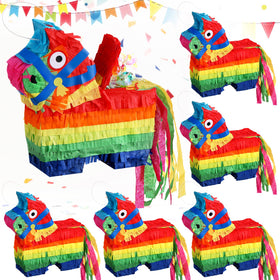 Poen mini donkey pinatas in rainbow colors for Cinco de Mayo decor and games.