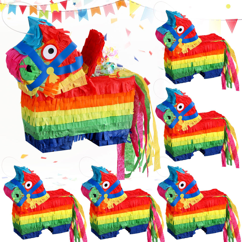 Poen mini donkey pinatas in rainbow colors for Cinco de Mayo decor and games.