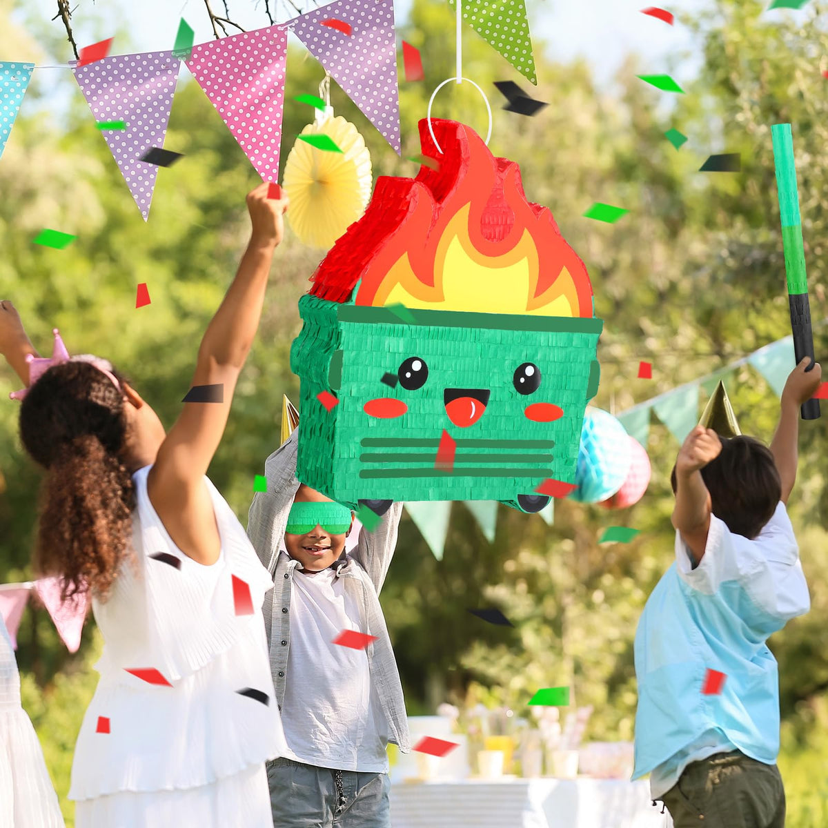 Poen pinata blindfold ready for safe supervised party participation.