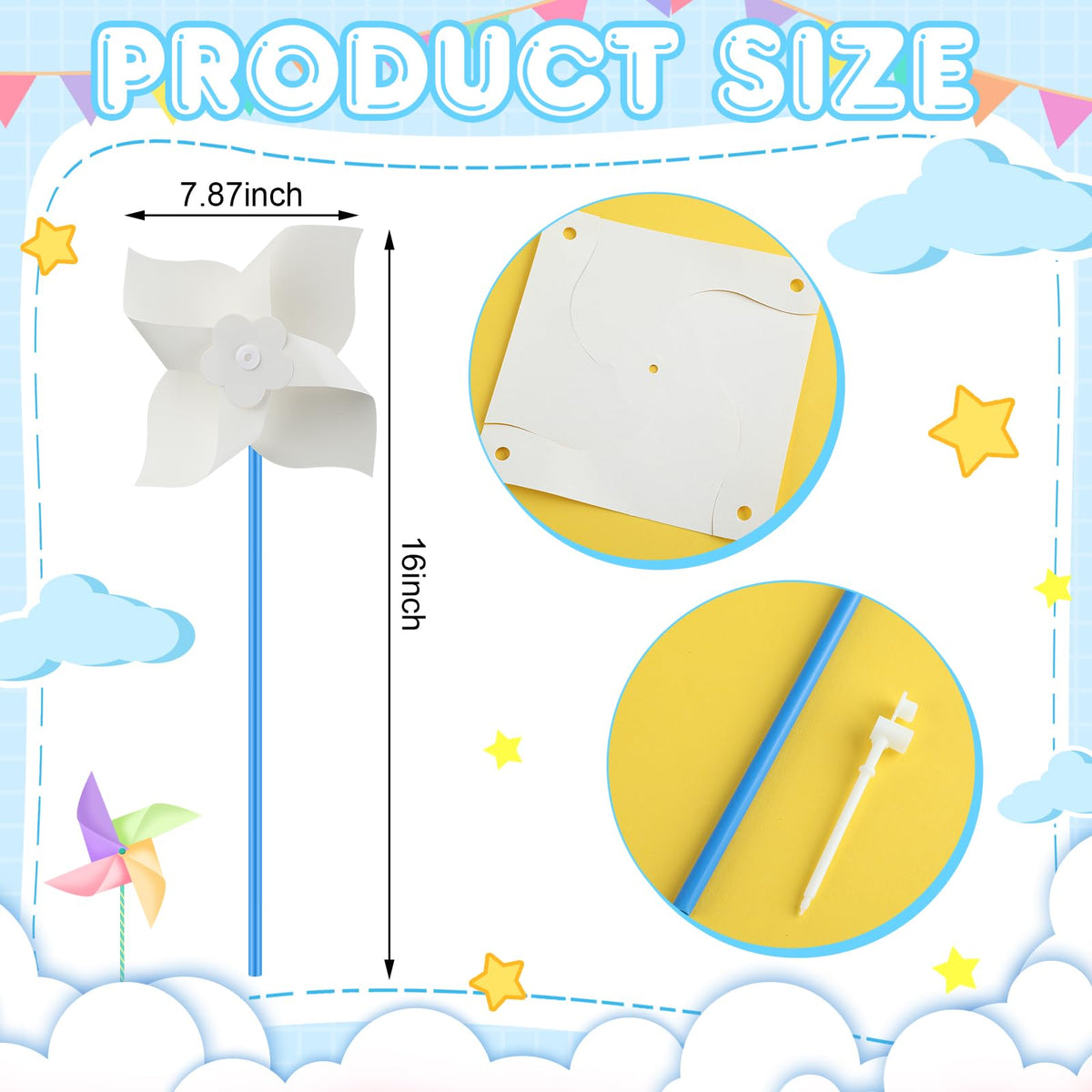 Poen pinwheels with bright plastic handles for durable, safe handling.