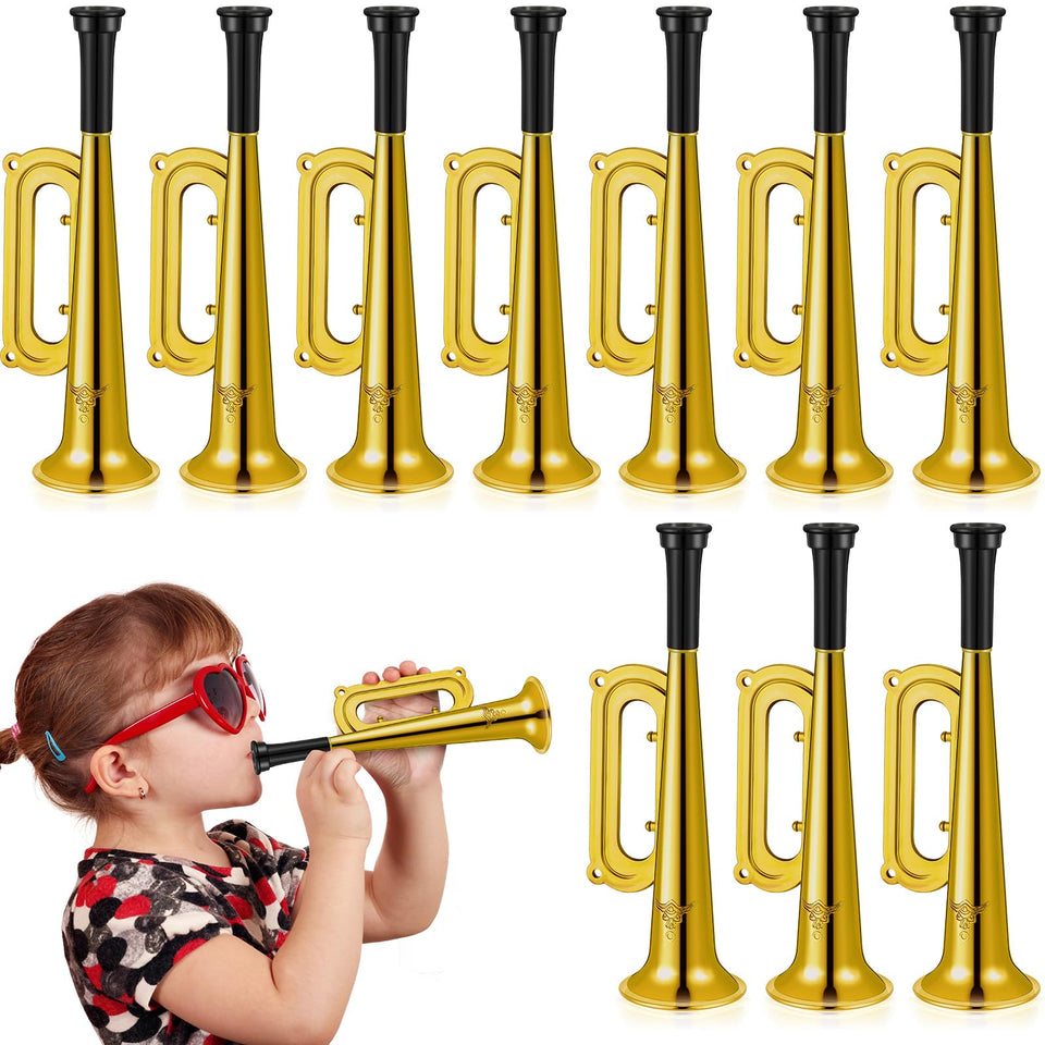 Poen toy trumpet gold close-up shine for party cheering and early music play.