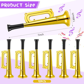 Poen gold plastic trumpet shows bright finish ideal for classroom activities.