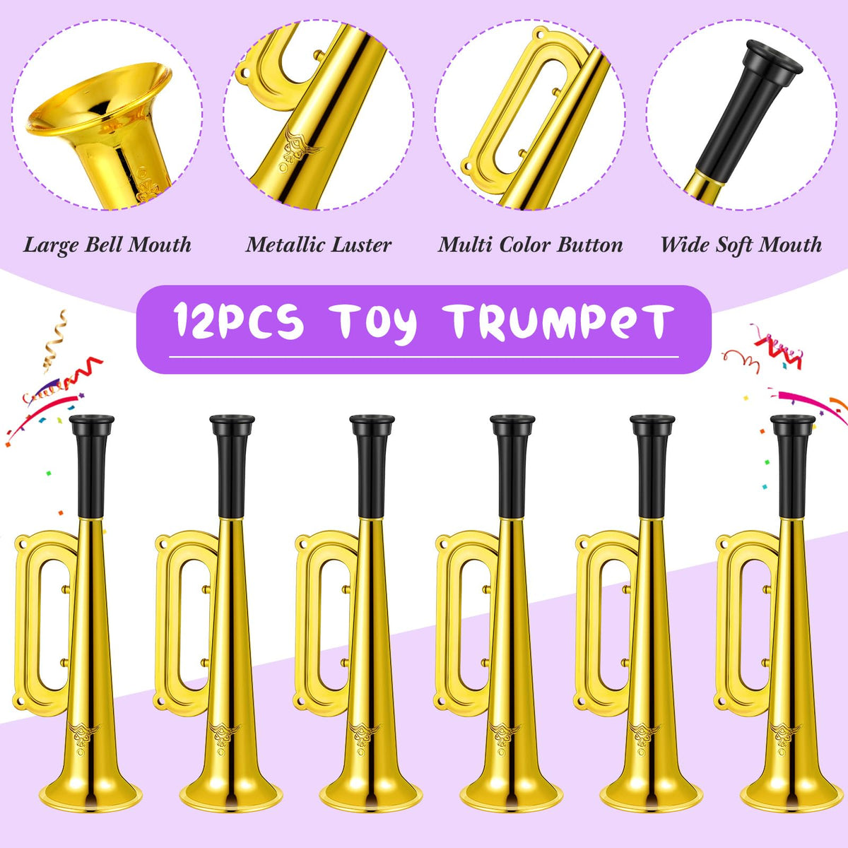 Gold metallic trumpets ready for sports events to spark cheers.