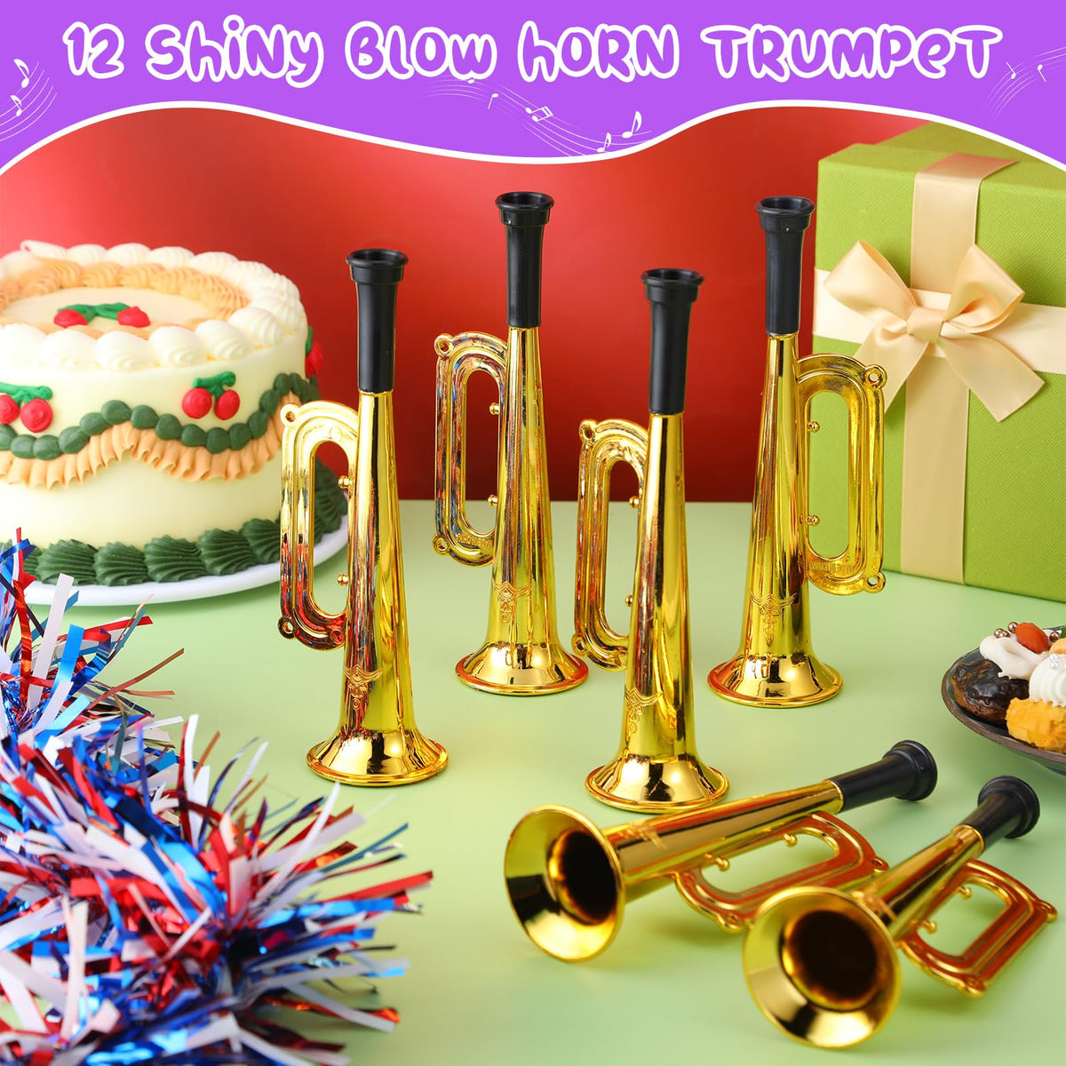 12-pack Poen trumpets offer versatile party props and music practice.