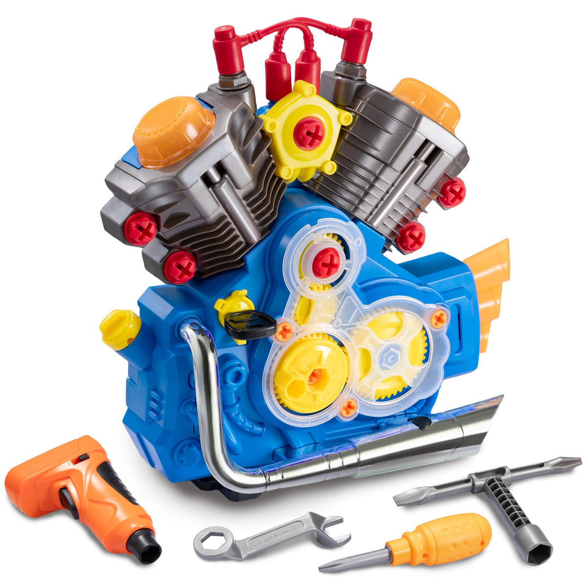 POFJOEQ engine-building-kit components laid out for hands-on learning