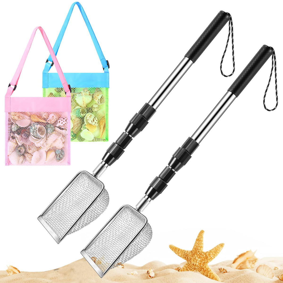 POILKMNI shark tooth sifter with extendable handle ready for beach treasure hunting