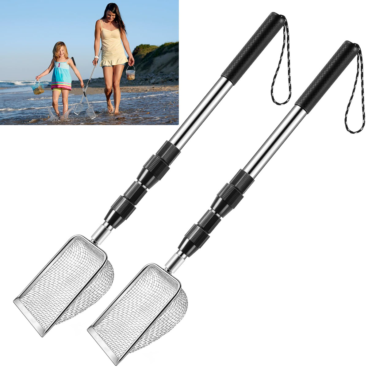 POILKMNI shark tooth sifter with extendable handle for comfortable beach treasure hunting